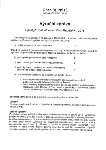Výroční zpráva o poskytování informací Obcí Řepiště v roce 2016