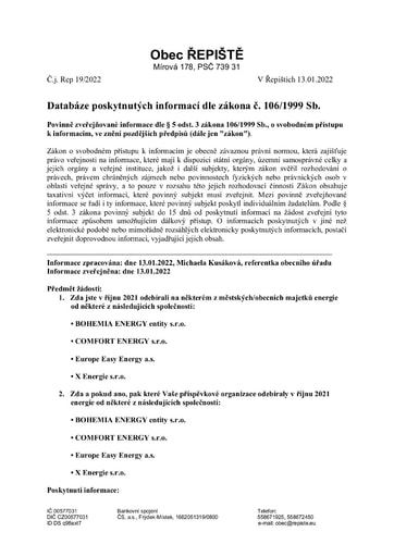 Databáze poskytnutých informací dle zákona č. 106/1999 Sb.