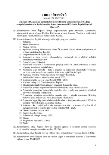 Usnesení z 19. zasedání zastupitelstva obce Řepiště konaného dne 27.04.2022