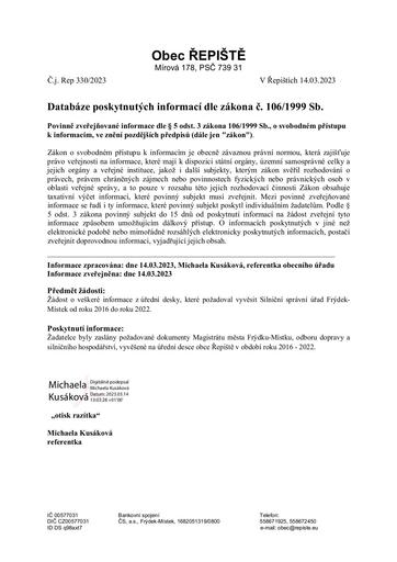 Sdělení k žádosti o poskytnutí informací dle zákona č. 106/1999 Sb.
