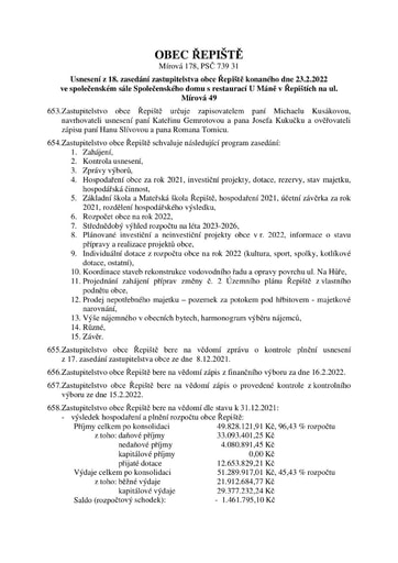 Usnesení z 18. zasedání zastupitelstva obce, konaného dne 23.02.2022