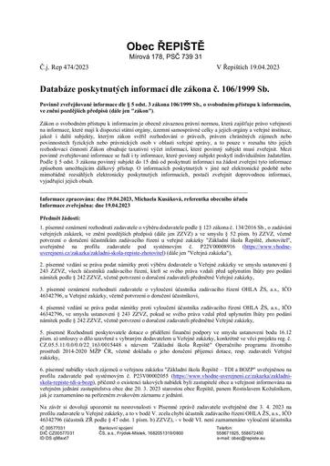 Sdělení k žádosti o poskytnutí informace dle zákona č. 106/1999 Sb.