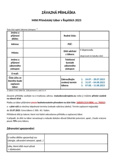 ZÁVAZNÁ PŘIHLÁŠKA   MINI tábor 2022