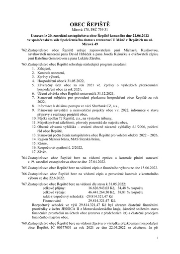 Usnesení z 20. zasedání zastupitelstva obce Řepiště, konaného dne 22.06.2022