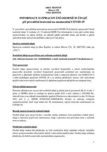 Informace o zpracování osobních údajů při provádění testování na onemocnění COVID - 19