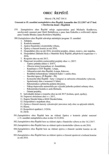 Usnesení z 15. zasedání zastupitelstva obce Řepiště, konaného dne 22.2.2017
