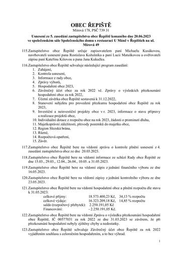 Usnesení z 5. zasedání zastupitelstva obce Řepiště konaného dne 20.06.2023
