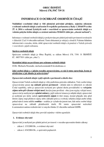 Informace o ochraně osobních údajů