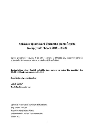 Zpráva o uplatňování Územního plánu Řepiště (za uplynulé období 2018 - 2022)