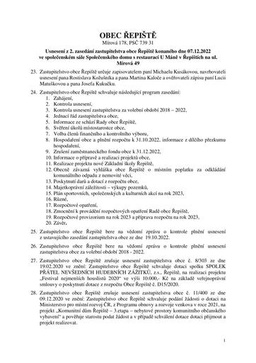 Usnesení z 2. zasedání zastupitelstva obce Řepiště, konaného dne 07.12.2022