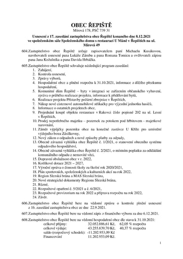 Usnesení z 17. zasedání zastupitelstva obce Řepiště, konaného dne 8.12.2021